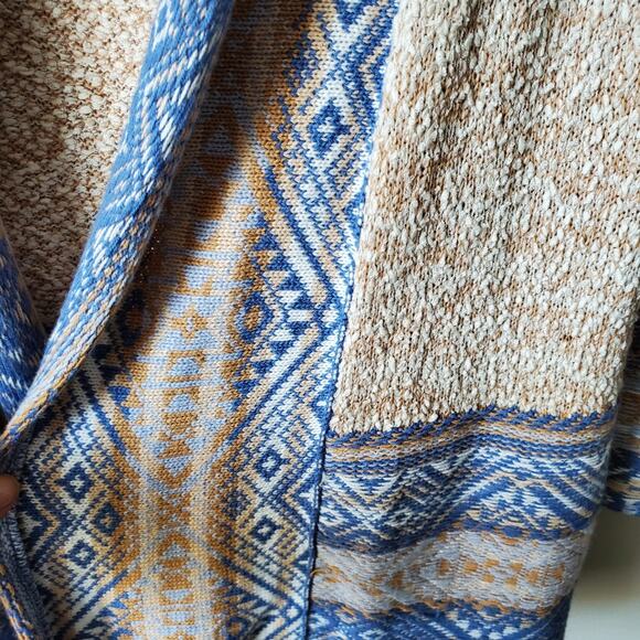 Women Beige Blue Aztec Knit Cardigan Sweater M Cotton Coastal Cowgirl Western - Picture 2 of 8